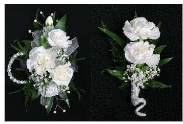 810-  White Mini Carnations Boutonniere and Corsage.